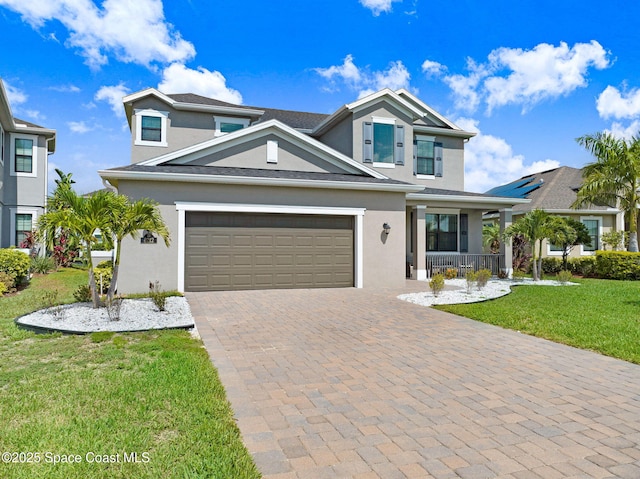 8212 Paragrass Ave, Melbourne, FL 32940 - traditional home with a porch, stucco siding, decorative driveway, and a front lawn