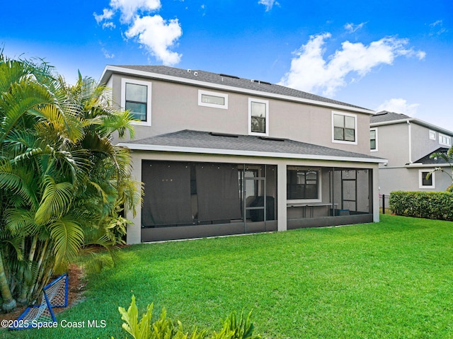 8212 Paragrass Ave, Melbourne, FL 32940 - back of house featuring a sunroom, a yard, and stucco siding