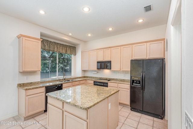2703 Barrow Dr, Merritt Island, FL 32952 - kitchen with black appliances, light brown cabinetry, light tile patterned flooring, a sink, and recessed lighting