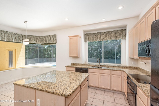 2703 Barrow Dr, Merritt Island, FL 32952 - kitchen featuring black appliances, light brown cabinets, a sink, light tile patterned floors, and recessed lighting