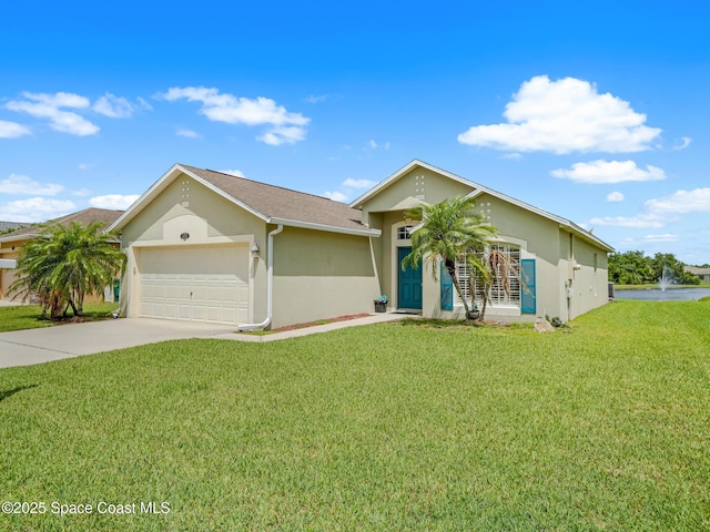 1406 Mycroft Dr, Cocoa, FL 32926 - ranch-style home with stucco siding, a garage, a front lawn, and driveway
