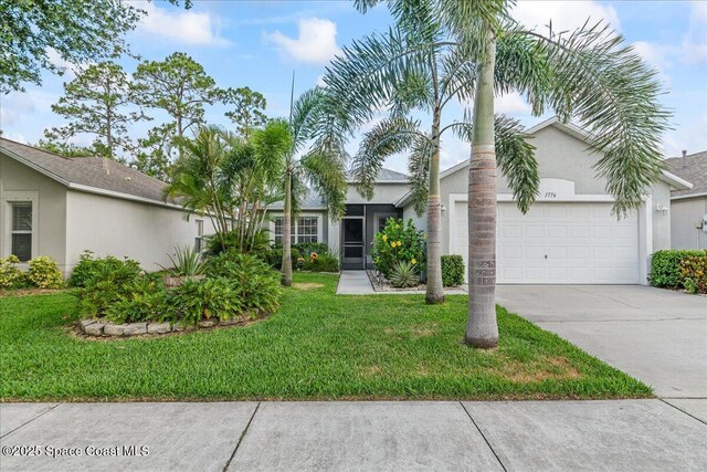 1776 Sawgrass Dr SW, Palm Bay, FL 32908 - ranch-style house featuring a garage, stucco siding, concrete driveway, and a front lawn