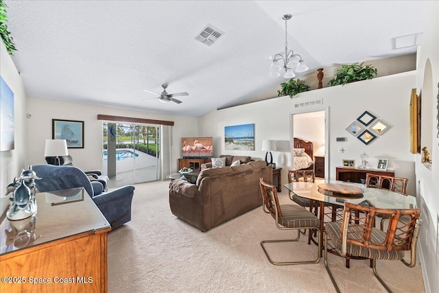 1776 Sawgrass Dr SW, Palm Bay, FL 32908 - carpeted living area with vaulted ceiling and ceiling fan