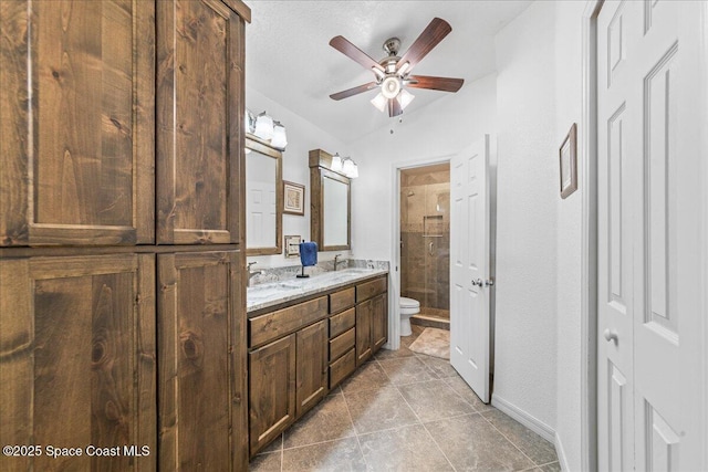 1776 Sawgrass Dr SW, Palm Bay, FL 32908 - bathroom with toilet, a ceiling fan, double vanity, a shower stall, and tile patterned flooring