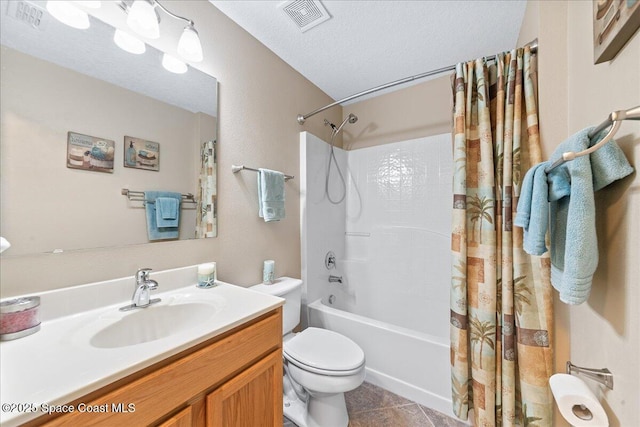 1776 Sawgrass Dr SW, Palm Bay, FL 32908 - bathroom with toilet, shower / bathtub combination with curtain, vanity, tile patterned floors, and a textured ceiling