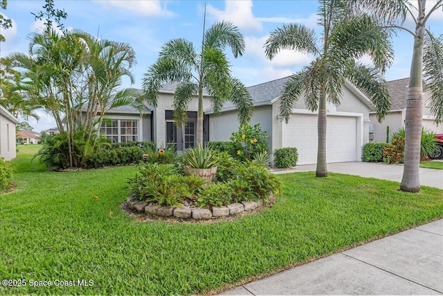 1776 Sawgrass Dr SW, Palm Bay, FL 32908 - single story home featuring stucco siding, a garage, concrete driveway, a front yard, and roof with shingles