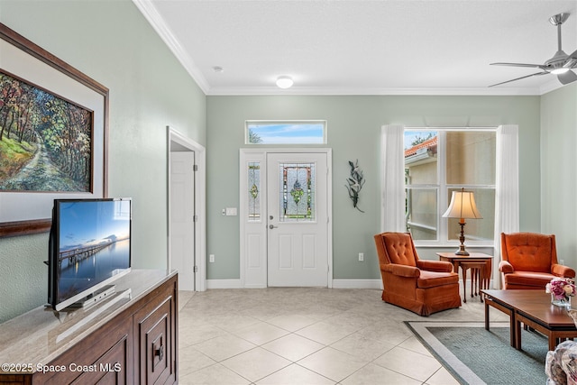 3360 Thurloe Dr, Rockledge, FL 32955 - foyer featuring ornamental molding, a ceiling fan, light tile patterned flooring, and baseboards