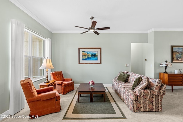 3360 Thurloe Dr, Rockledge, FL 32955 - living area with ornamental molding, ceiling fan, light tile patterned floors, and baseboards