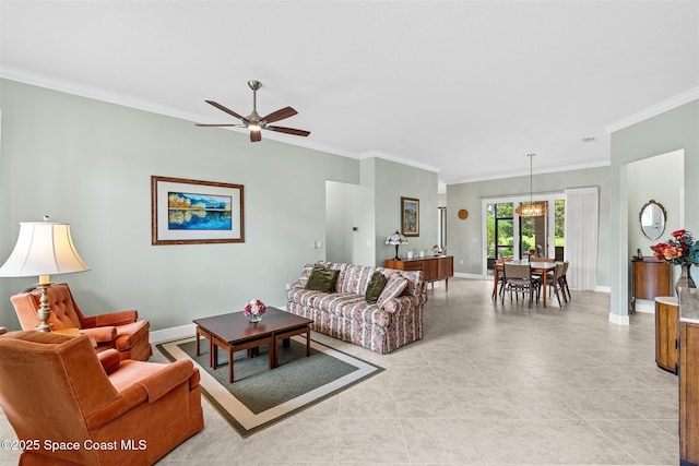 3360 Thurloe Dr, Rockledge, FL 32955 - living area with ornamental molding, baseboards, ceiling fan, and light tile patterned floors