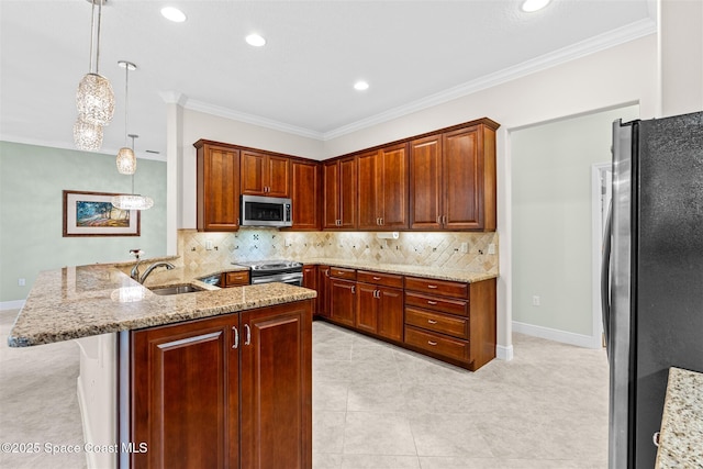 3360 Thurloe Dr, Rockledge, FL 32955 - kitchen featuring stainless steel appliances, a sink, a peninsula, light stone countertops, and tasteful backsplash