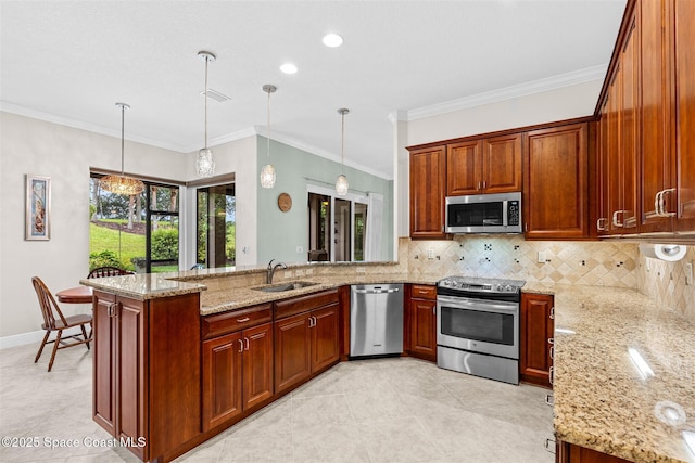 3360 Thurloe Dr, Rockledge, FL 32955 - kitchen with stainless steel appliances, a sink, a peninsula, tasteful backsplash, and light stone counters