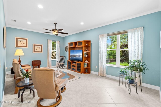 3360 Thurloe Dr, Rockledge, FL 32955 - tiled living room with baseboards, crown molding, a ceiling fan, and recessed lighting