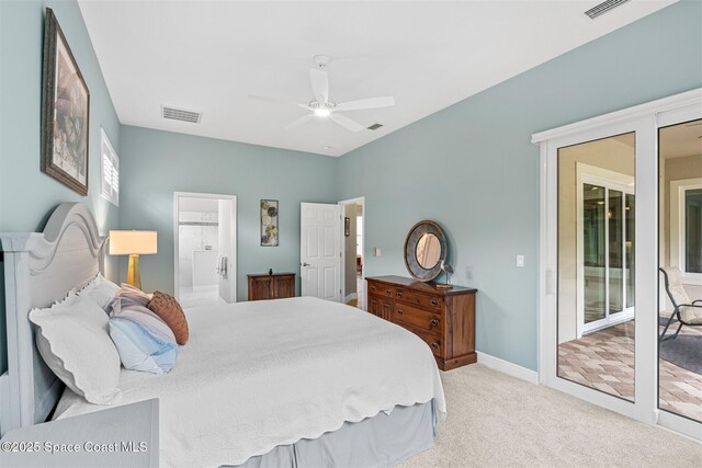 3360 Thurloe Dr, Rockledge, FL 32955 - bedroom featuring carpet floors, connected bathroom, access to exterior, ceiling fan, and baseboards
