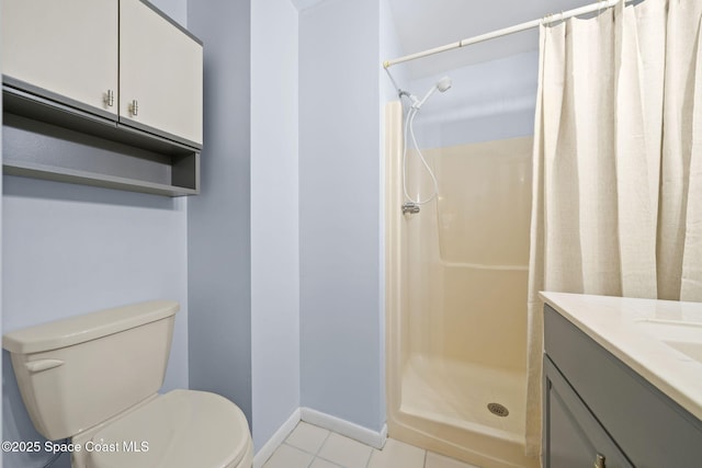 2036 Hogan Dr, Melbourne, FL 32935 - full bathroom featuring baseboards, toilet, tile patterned floors, vanity, and a shower with shower curtain