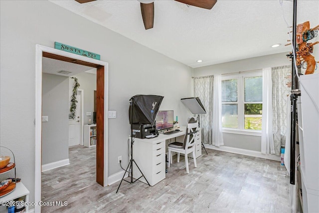 439 Blue Heron Rd, Melbourne Village, FL 32904 - home office with a ceiling fan, wood finished floors, and recessed lighting