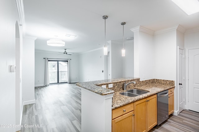 6421 Borasco Dr Unit 3208, Melbourne, FL 32940 - kitchen featuring dishwasher, a sink, light wood-style flooring, light stone counters, and crown molding
