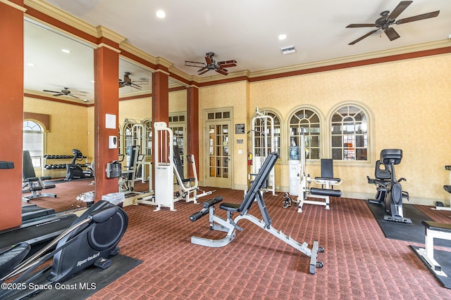 6421 Borasco Dr Unit 3208, Melbourne, FL 32940 - gym featuring a ceiling fan, ornamental molding, wallpapered walls, recessed lighting, and french doors