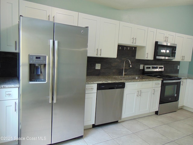 636 Fishtail Palm Blvd, Melbourne, FL 32901 - kitchen featuring appliances with stainless steel finishes, backsplash, white cabinetry, and a sink