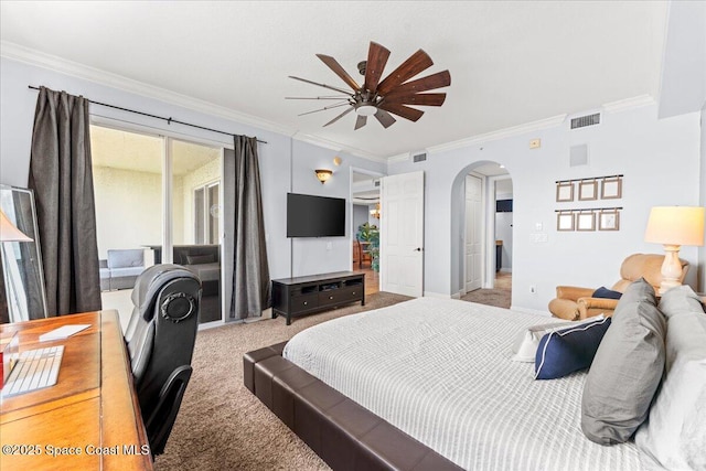 4125 W End Rd Unit 405, Cocoa Beach, FL 32931 - bedroom with arched walkways, carpet flooring, crown molding, access to exterior, and a ceiling fan