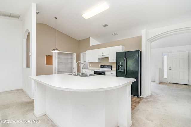3220 Lowry Blvd SE, Palm Bay, FL 32909 - kitchen featuring black refrigerator with ice dispenser, a sink, electric stove, under cabinet range hood, and light countertops