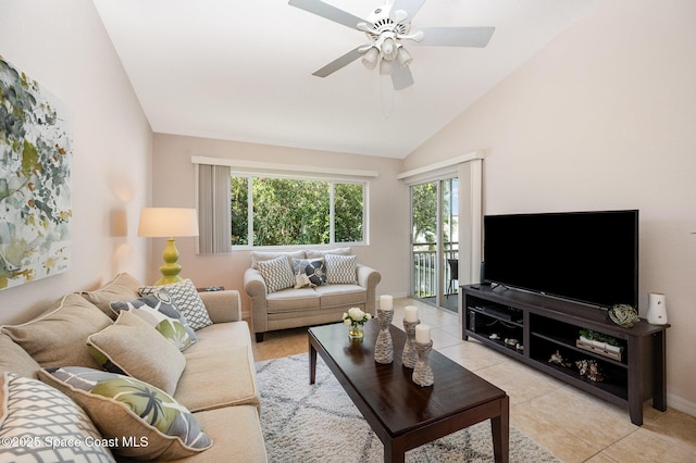 511 Ocean Park Ln Unit V190, Cape Canaveral, FL 32920 - living area with vaulted ceiling, light tile patterned floors, ceiling fan, and baseboards