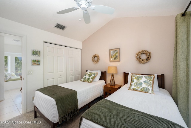 511 Ocean Park Ln Unit V190, Cape Canaveral, FL 32920 - bedroom featuring a closet, lofted ceiling, and a ceiling fan