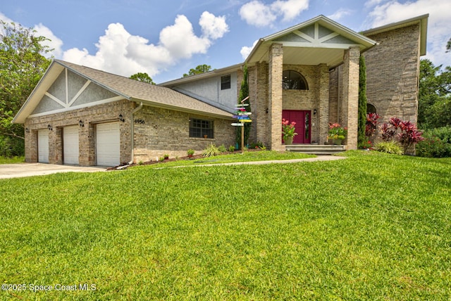 4956 Corfu Dr, Cocoa, FL 32926 - view of front facade with brick siding, a front lawn, driveway, and a garage