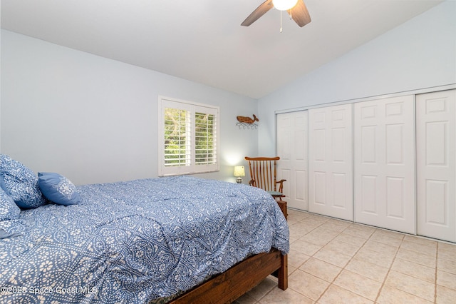403 Seaport Blvd Unit T145, Cape Canaveral, FL 32920 - bedroom featuring lofted ceiling, tile patterned floors, a closet, and ceiling fan