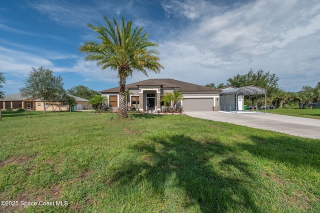 4725 Papaya St, Cocoa, FL 32926 - view of front of home featuring concrete driveway, an attached garage, a front lawn, and stone siding