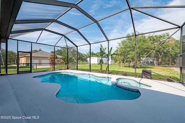 4725 Papaya St, Cocoa, FL 32926 - view of pool featuring a lawn, a patio, a pool with connected hot tub, and glass enclosure