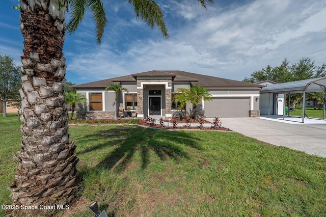 4725 Papaya St, Cocoa, FL 32926 - prairie-style house with stone siding, a front yard, an attached garage, driveway, and stucco siding