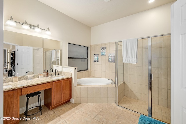 4725 Papaya St, Cocoa, FL 32926 - bathroom featuring a stall shower, a bath, tile patterned floors, and double vanity