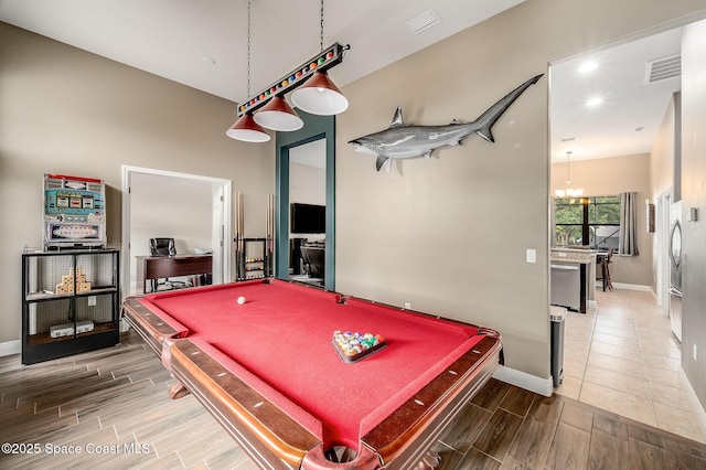 4725 Papaya St, Cocoa, FL 32926 - recreation room featuring wood finish floors, baseboards, a chandelier, and pool table