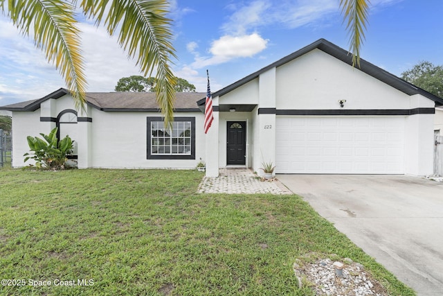 822 Lamplighter Dr NW, Palm Bay, FL 32907 - ranch-style home with stucco siding, an attached garage, concrete driveway, and a front yard