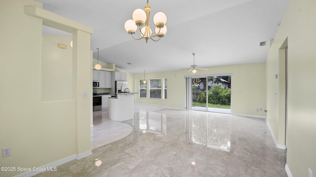 525 Banana Blvd, Merritt Island, FL 32952 - unfurnished living room featuring vaulted ceiling, baseboards, a chandelier, ceiling fan, and light marble finish flooring