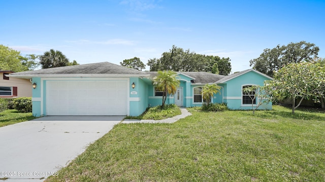 525 Banana Blvd, Merritt Island, FL 32952 - ranch-style house with stucco siding, an attached garage, driveway, and a front yard