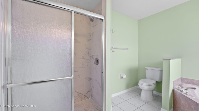 525 Banana Blvd, Merritt Island, FL 32952 - full bathroom featuring toilet, a bath, a shower stall, tile patterned flooring, and baseboards