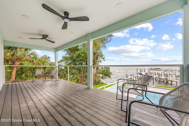 1313 Worth Ct NE, Palm Bay, FL 32905 - wooden terrace featuring a water view and ceiling fan
