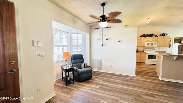 803 Crossbow Dr, West Melbourne, FL 32904 - sitting room featuring lofted ceiling, a textured ceiling, a ceiling fan, light wood finished floors, and baseboards