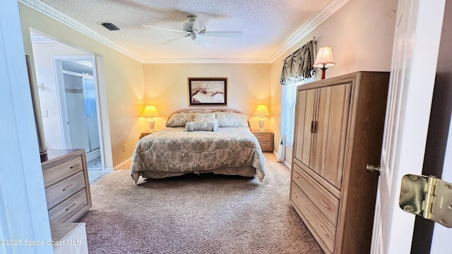 803 Crossbow Dr, West Melbourne, FL 32904 - bedroom featuring light carpet, a textured ceiling, crown molding, and a ceiling fan