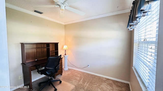 803 Crossbow Dr, West Melbourne, FL 32904 - carpeted office with baseboards, crown molding, and a ceiling fan