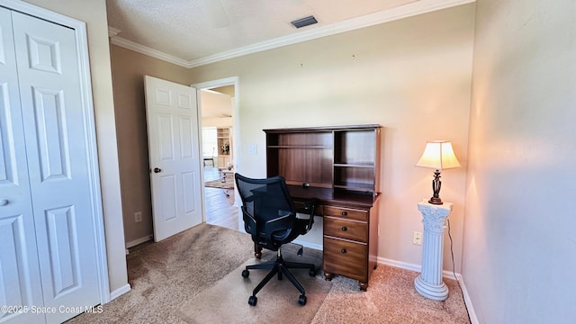 803 Crossbow Dr, West Melbourne, FL 32904 - office featuring crown molding, baseboards, carpet, and a textured ceiling