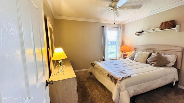 803 Crossbow Dr, West Melbourne, FL 32904 - bedroom with dark colored carpet, crown molding, a textured ceiling, baseboards, and ceiling fan