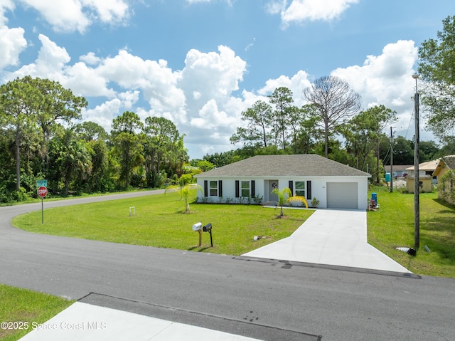499 Grenadier Ave NW, Palm Bay, FL 32907 - ranch-style house with a front lawn, an attached garage, concrete driveway, and stucco siding