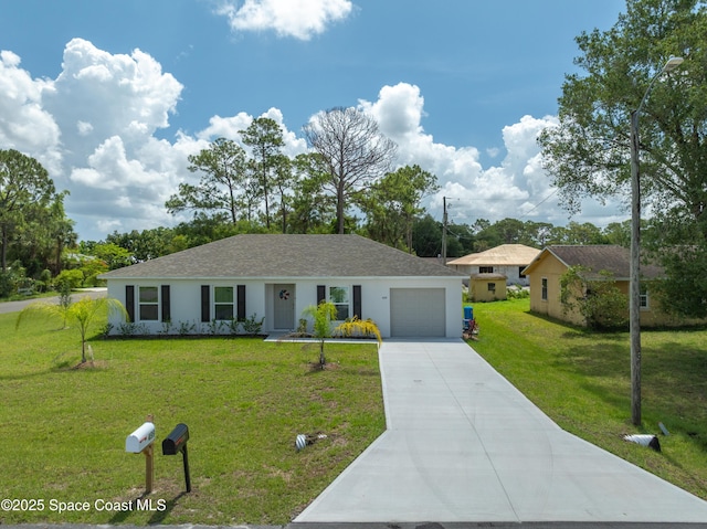 499 Grenadier Ave NW, Palm Bay, FL 32907 - ranch-style house featuring a garage, concrete driveway, a front lawn, and stucco siding