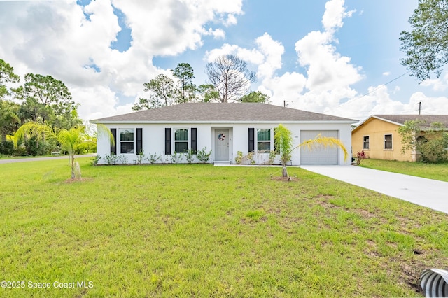 499 Grenadier Ave NW, Palm Bay, FL 32907 - ranch-style home featuring an attached garage, concrete driveway, a front lawn, and stucco siding