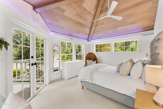 4185 Crooked Mile Rd, Merritt Island, FL 32952 - bedroom featuring access to outside, carpet, wooden ceiling, vaulted ceiling, and a ceiling fan