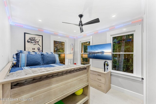 4185 Crooked Mile Rd, Merritt Island, FL 32952 - bedroom with light carpet, ceiling fan, and recessed lighting