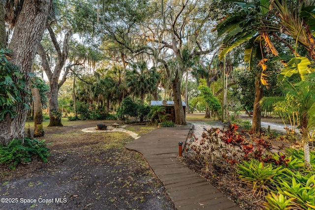 4185 Crooked Mile Rd, Merritt Island, FL 32952 - view of community featuring an outbuilding, view of scattered trees, and a fire pit