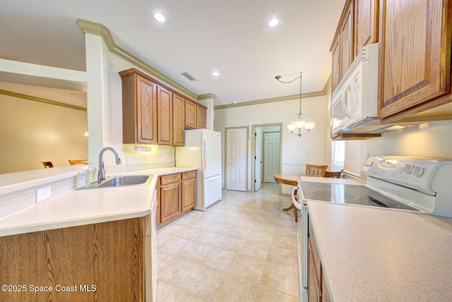 858 Morning Cove Cir SE, Palm Bay, FL 32909 - kitchen with white appliances, a sink, brown cabinets, light countertops, and ornamental molding